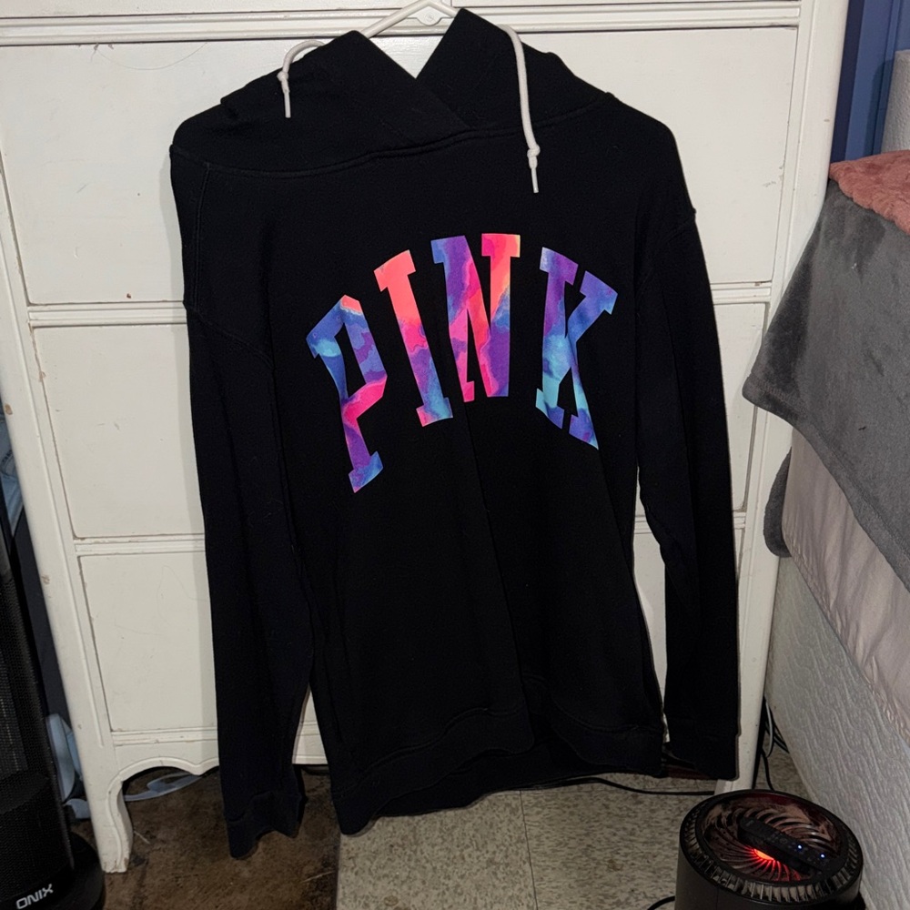 PINK Victoria's Secret Black Sweater with Multicolor Logo